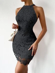 SHEIN LUNE Guipure Lace Zipper Back Halter Neck Bodycon Dress - Black - View 6