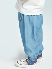 小女童補丁細節束腳牛仔褲 - 藍色 - 查看 4