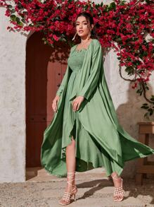 SHEIN con parte delantera abierta Abrigo & con fruncido ribete con fruncido bajo cruzado Vestido tubo - Verde - Ver 6