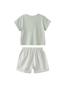 小男童青蛙印花3D貼布T恤和條紋圖案短褲 - 彩色 - 查看 2