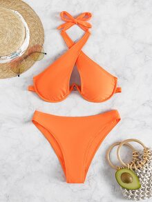 Cross Halter Underwire Bikini, For Summer Beach Vacation - Orange - View 6