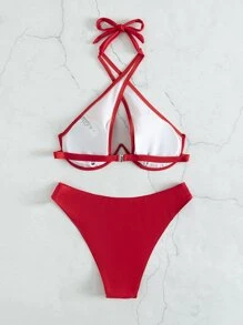 Cross Halter Underwire Bikini Set, For Summer Beach Vacation - Red - View 7