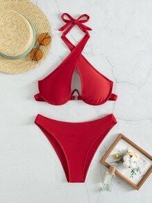 Cross Halter Underwire Bikini Set, For Summer Beach Vacation - Red - View 5