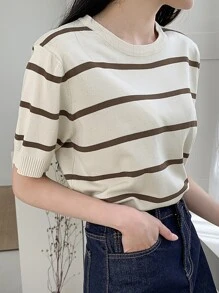 DAZY 條紋圖案針織上衣 - 卡其色 - 查看 1