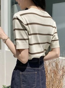 DAZY 條紋圖案針織上衣 - 卡其色 - 查看 2