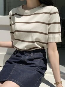 DAZY 條紋圖案針織上衣 - 卡其色 - 查看 7