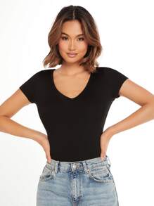 SHEIN BASICS Solid Ribbed Knit Tee - Black - View 4