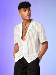 GENTILAND Loose Fit Men Striped Mesh Short Sleeve Casual Shirt - White - View 1