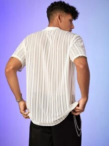 GENTILAND Loose Fit Men Striped Mesh Short Sleeve Casual Shirt - White - View 2