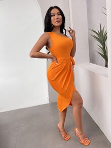 SHEIN SXY One Shoulder Tulip Hem Belted Dress - Orange - View 5