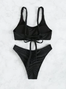 Lace-Up Back Scrunch Butt Bikini - Black - View 5