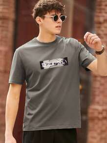 Hombres Camiseta con estampado de letra japonesa - Gris - Ver 3