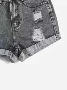 SHEIN EZwear Shorts en mezclilla bajo de doblez desgarro - Gris - Ver 5