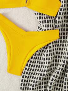 SHEIN Swim 實色排肋V字有線比基尼，適用於夏季海灘 - 黃色 - 查看 3