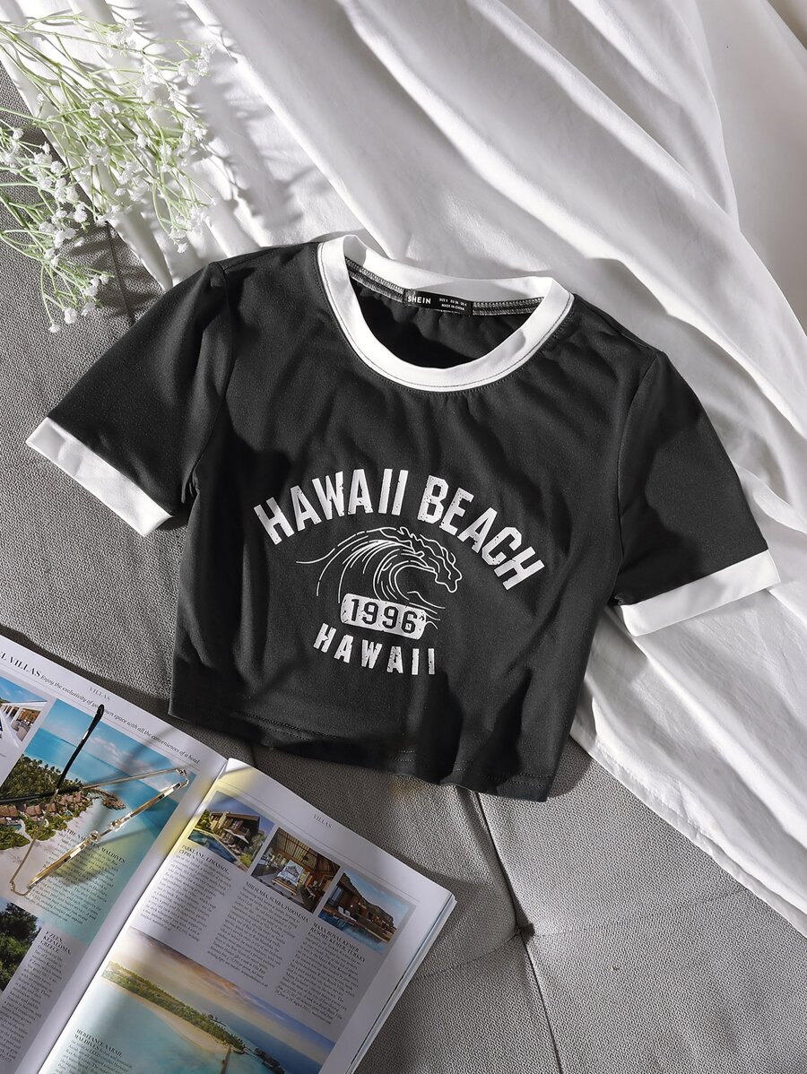 SHEIN ChicEase Áo thun nữ Đồ họa Lá thư Giải trí - màu đen - Xem 1