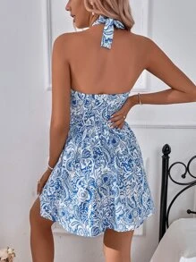 Paisley Print Cut Out Front Tie Backless Halter Dress - Blue and White - View 2