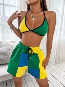 SHEIN Unity Bộ đồ hai mảnh nữ Lộ Lưng Dây kéo Buộc lại Tương phản ràng buộc Khối Màu Gợi cảm - Nhiều màu - Xem 4
