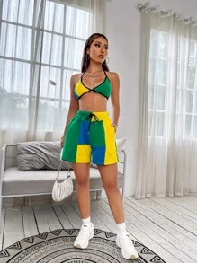 SHEIN Unity Bộ đồ hai mảnh nữ Lộ Lưng Dây kéo Buộc lại Tương phản ràng buộc Khối Màu Gợi cảm - Nhiều màu - Xem 6
