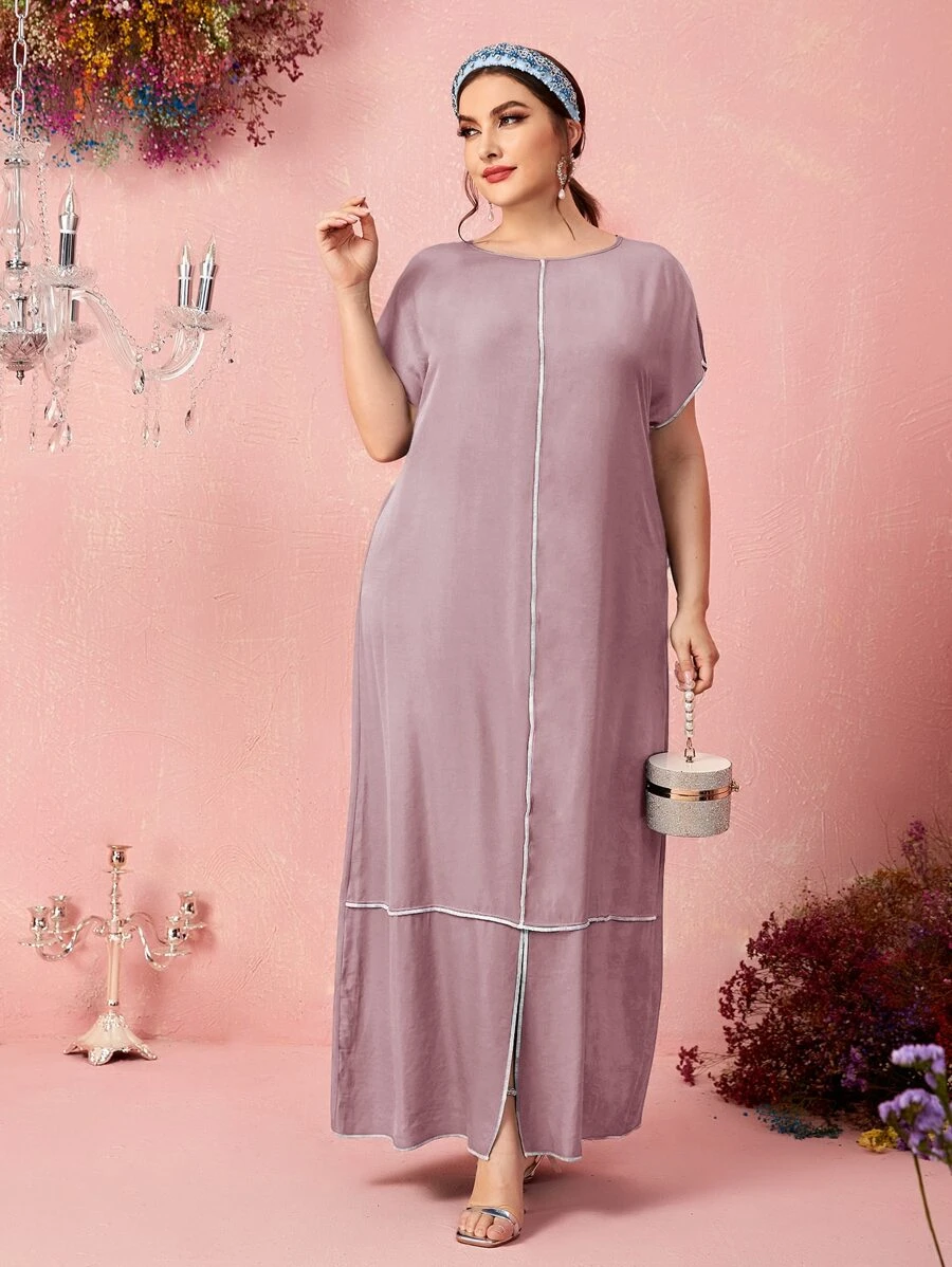 SHEIN Plus Contrast Stitch Batwing Sleeve Dress - Mauve Purple - View 1