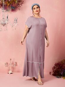 SHEIN Plus Contrast Stitch Batwing Sleeve Dress - Mauve Purple - View 4