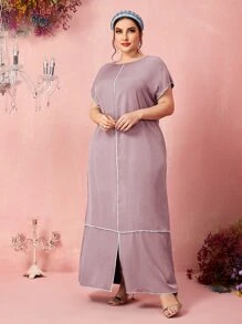 SHEIN Plus Contrast Stitch Batwing Sleeve Dress - Mauve Purple - View 5