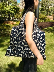 印花轻便大容量手提包，便携式可折叠购物单肩包，卡通图案购物袋，书包，便携，轻便，适合少女、女大学生，非常适合返校、购物、初中、高中、大学