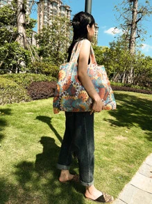 花卉印花购物袋，多功能折叠购物袋，大容量旅行手提袋，时尚可重复使用的购物袋书包，返校，大容量，便携，经典休闲，适合少女女大学生，非常适合返校、大学、小学、中学、高中、购物、度假 - 彩色 - 查看 5