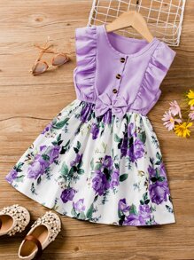 Toddler Girls Floral Print Ruffle Trim Bow Front Dress - Multicolor - View 1
