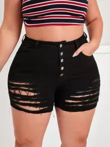 SHEIN Essnce Plus Button Fly Ripped Raw Cut Denim Shorts - Black - View 1