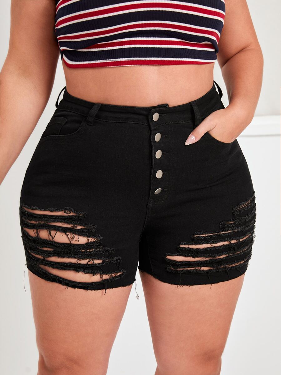 SHEIN Essnce Plus Button Fly Ripped Raw Cut Denim Shorts - Black - View 1