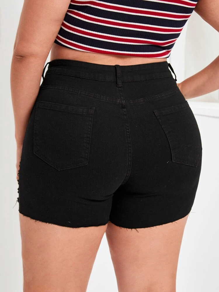 Plus Button Fly Ripped Raw Cut Denim Shorts
