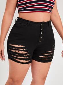 SHEIN Essnce Plus Button Fly Ripped Raw Cut Denim Shorts - Black - View 5
