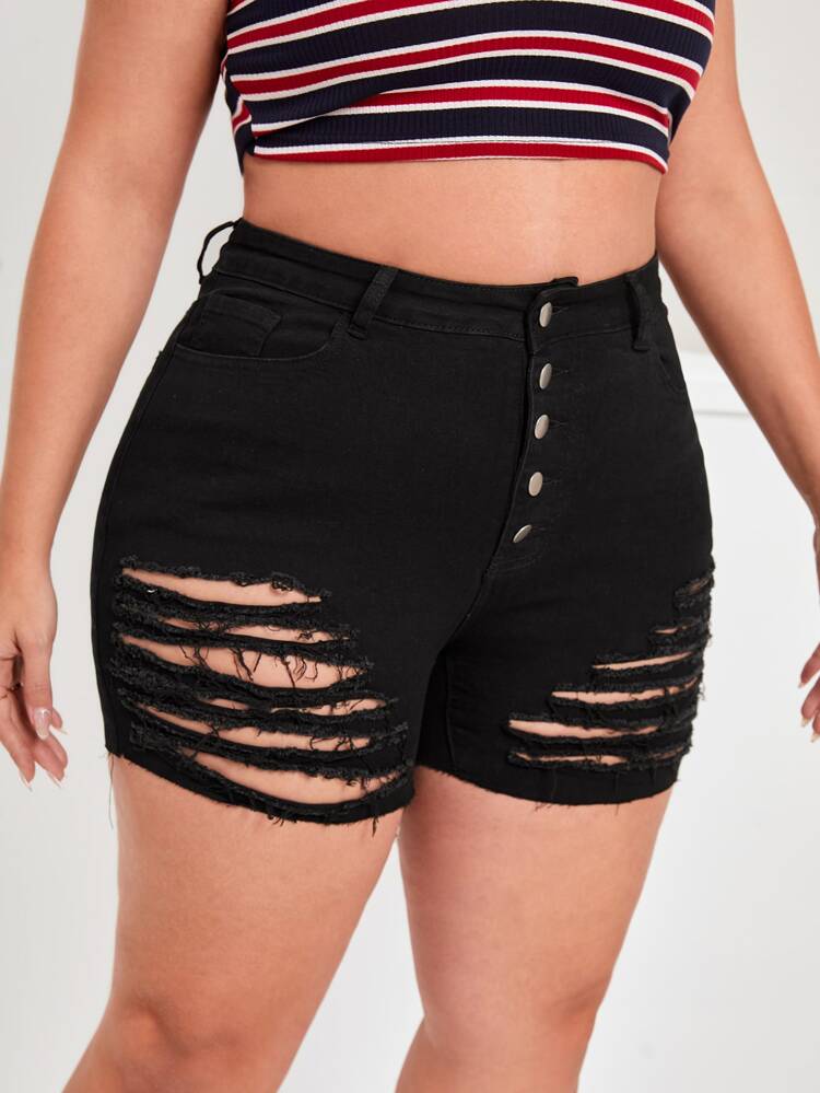 Plus Button Fly Ripped Raw Cut Denim Shorts