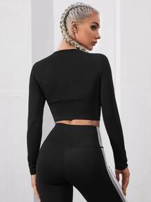 Yoga Basic Solid Crop Slim Sports Tee - Black - View 2