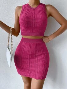 SHEIN Privé Solid Crop Knit Top & Skirt - Pink - View 4