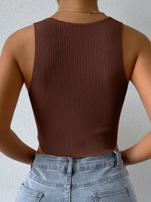 Breezaya Solid Ribbed Crop Knit Top - Coffee Brown - View 2