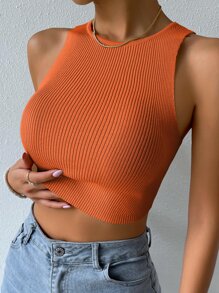 SHEIN ChicEase Solid Ribbed Crop Knit Top