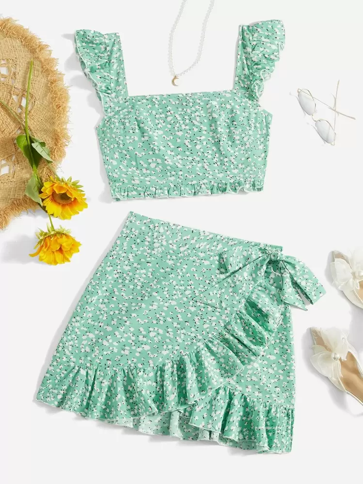 Soleia Ditsy Floral Flutter Sleeve Top & Ruffle Trim Tie Side Wrap Skirt - Mint Green - View 1