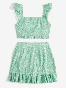 Soleia Ditsy Floral Flutter Sleeve Top & Ruffle Trim Tie Side Wrap Skirt - Mint Green - View 2