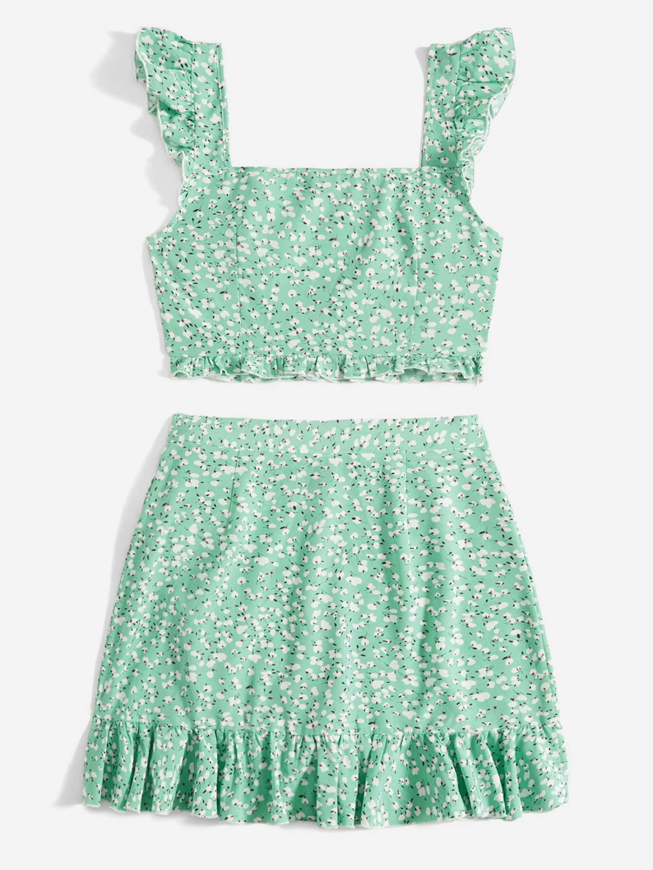 Soleia Ditsy Floral Flutter Sleeve Top & Ruffle Trim Tie Side Wrap Skirt - Mint Green - View 2