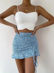 SHEIN Holidaya 小碎花抽褶細節荷葉邊半身裙 - 藍白色 - 查看 3