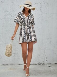 SHEIN Holidaya Geo Print Batwing Sleeve Shirred Knot Front Romper - Multicolor - View 6