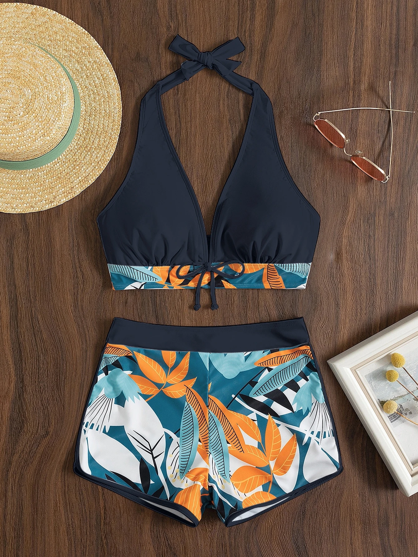 SHEIN Swim Conjunto De Bikini Con Tirantes Halter En Forma De V, Bikini