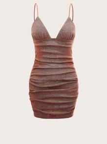 SHEIN ICON Ruched Metallic Cami Bodycon Dress - Redwood - View 1