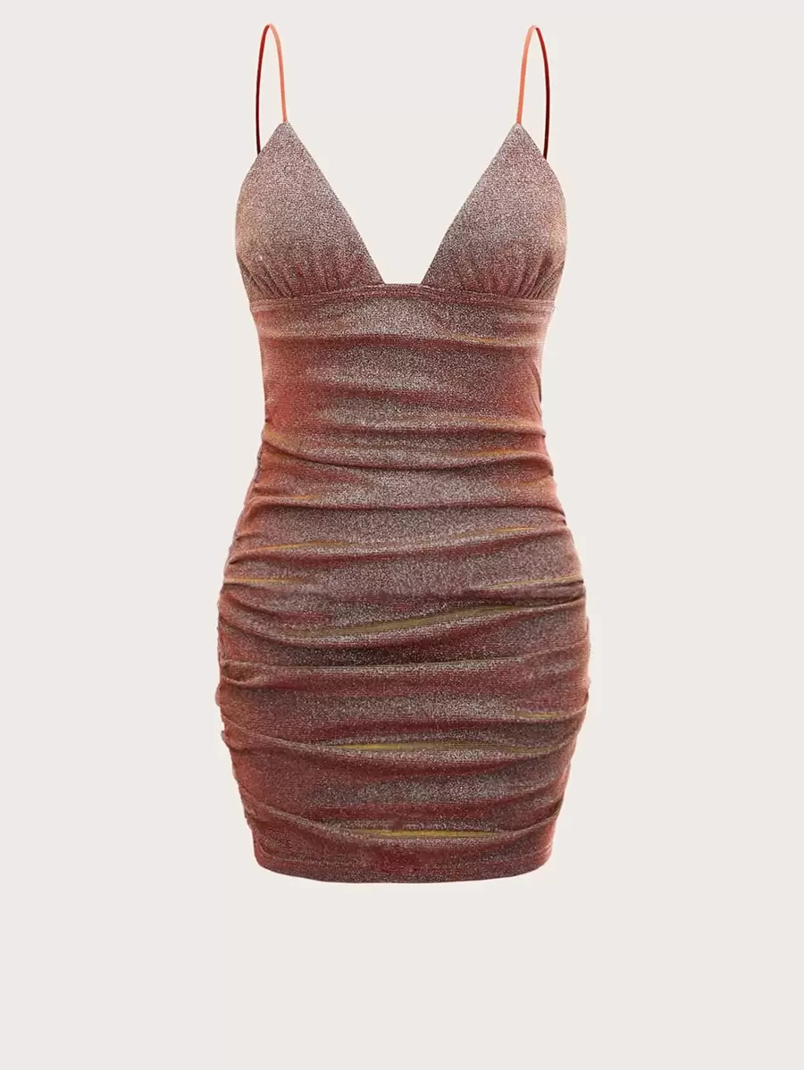 SHEIN ICON Ruched Metallic Cami Bodycon Dress - Redwood - View 1