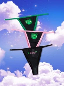ROMWE Kawaii 3pack Letter Cartoon Frog Graphic Contrast Binding Panty Set - Multicolor - View 1