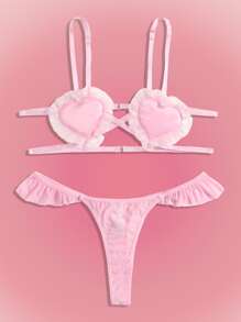 ROMWE Anime 愛心貼布荷葉邊內衣套裝 - 粉色 - 查看 1