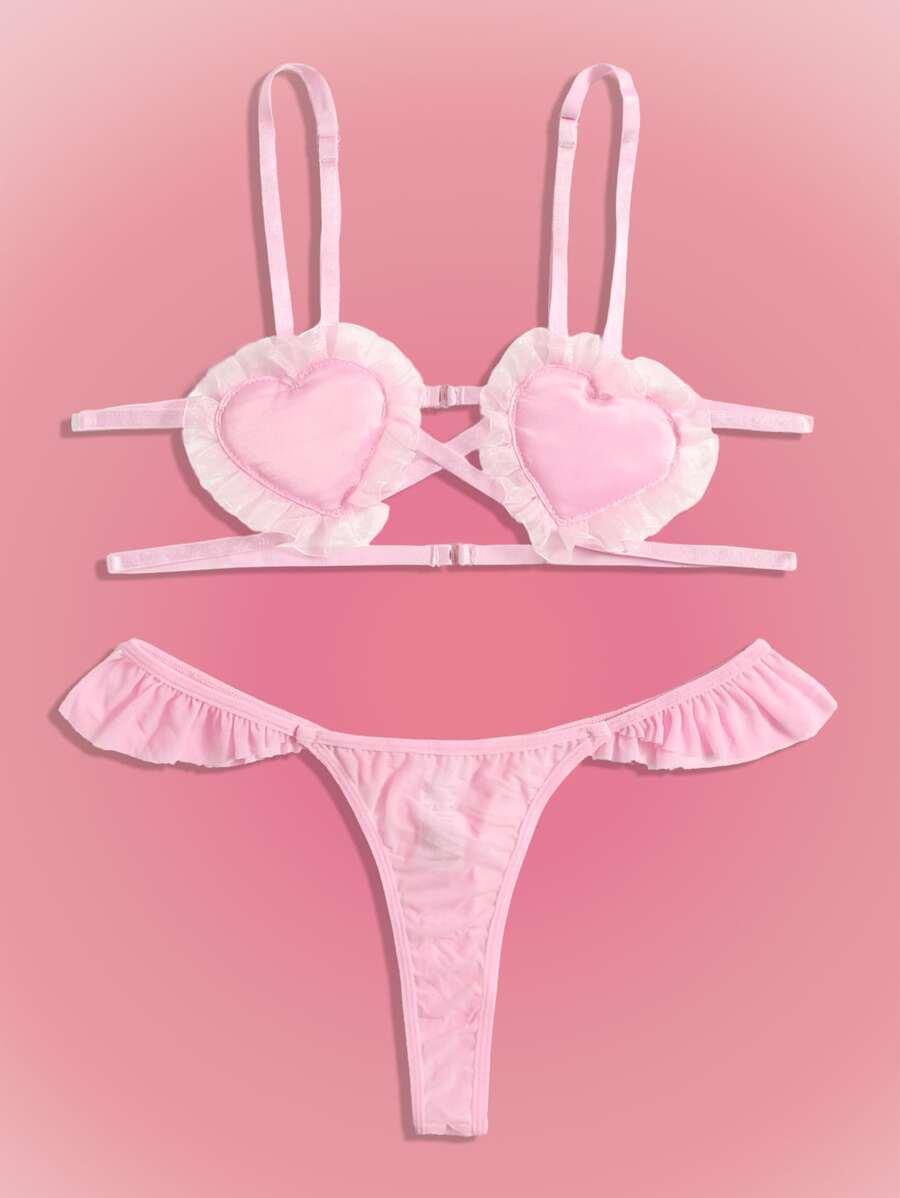 ROMWE Anime 愛心貼布荷葉邊內衣套裝 - 粉色 - 查看 1