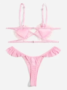 ROMWE Anime 愛心貼布荷葉邊內衣套裝 - 粉色 - 查看 2