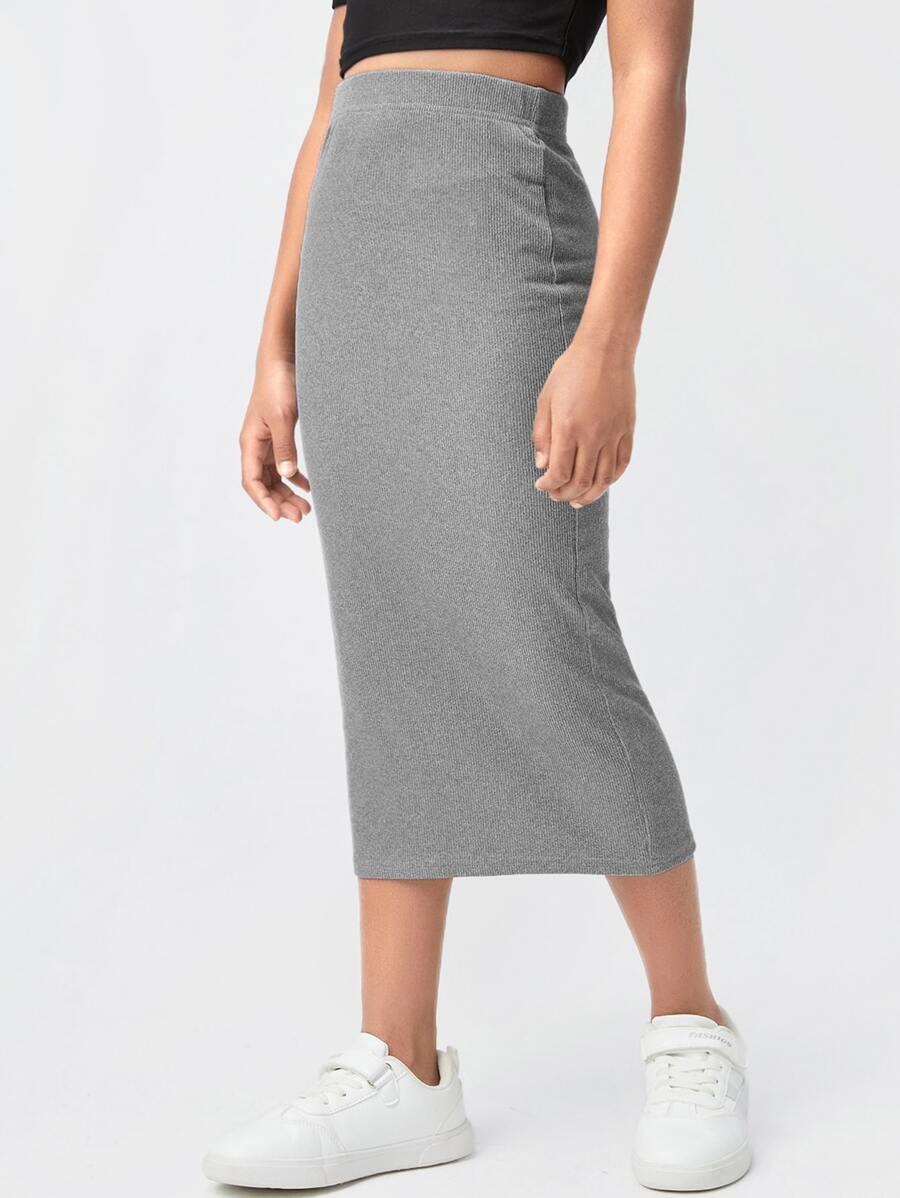 SHEIN Rok Anak Wanita Rib-Knit Plain Casual - Grey - View 1